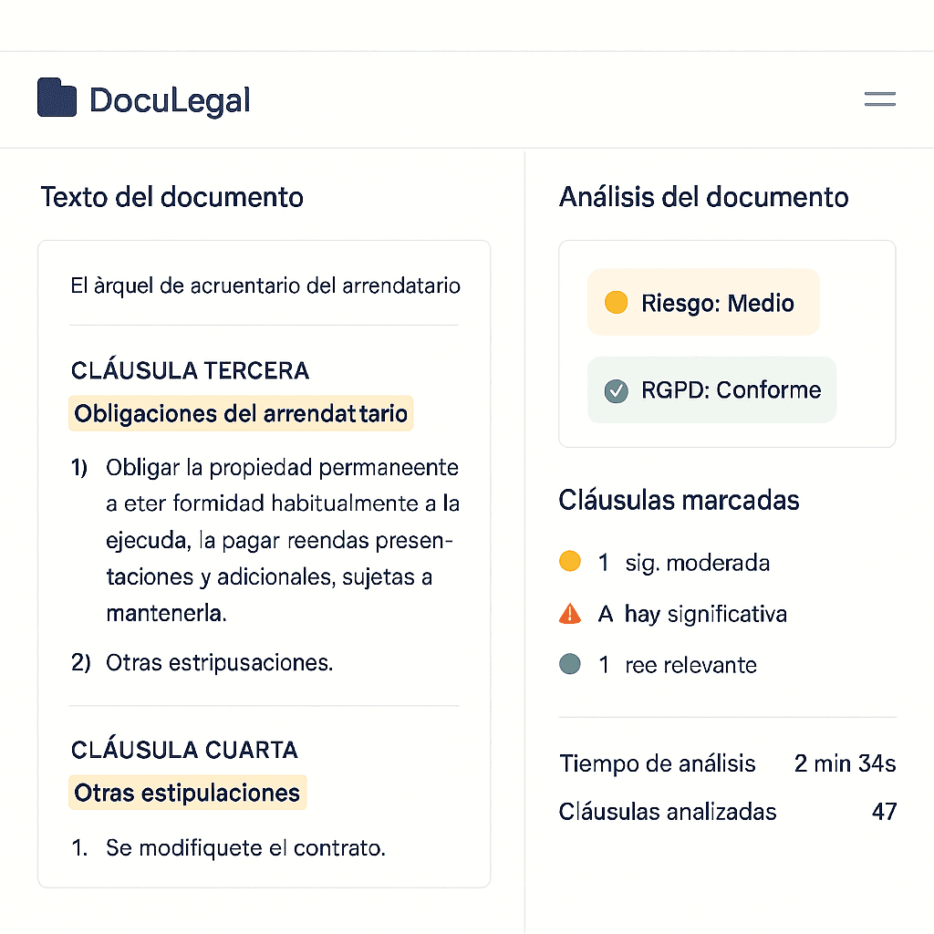 Example contract analysis with DocuLegal showing highlighted clauses and risk assessment